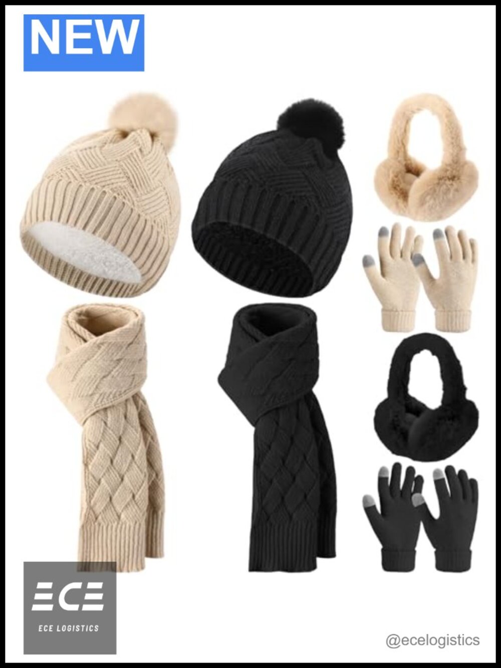 8 Pc Winter Set Fleece Lined Beanie Scarf Earmuffs Touch Screen Gloves